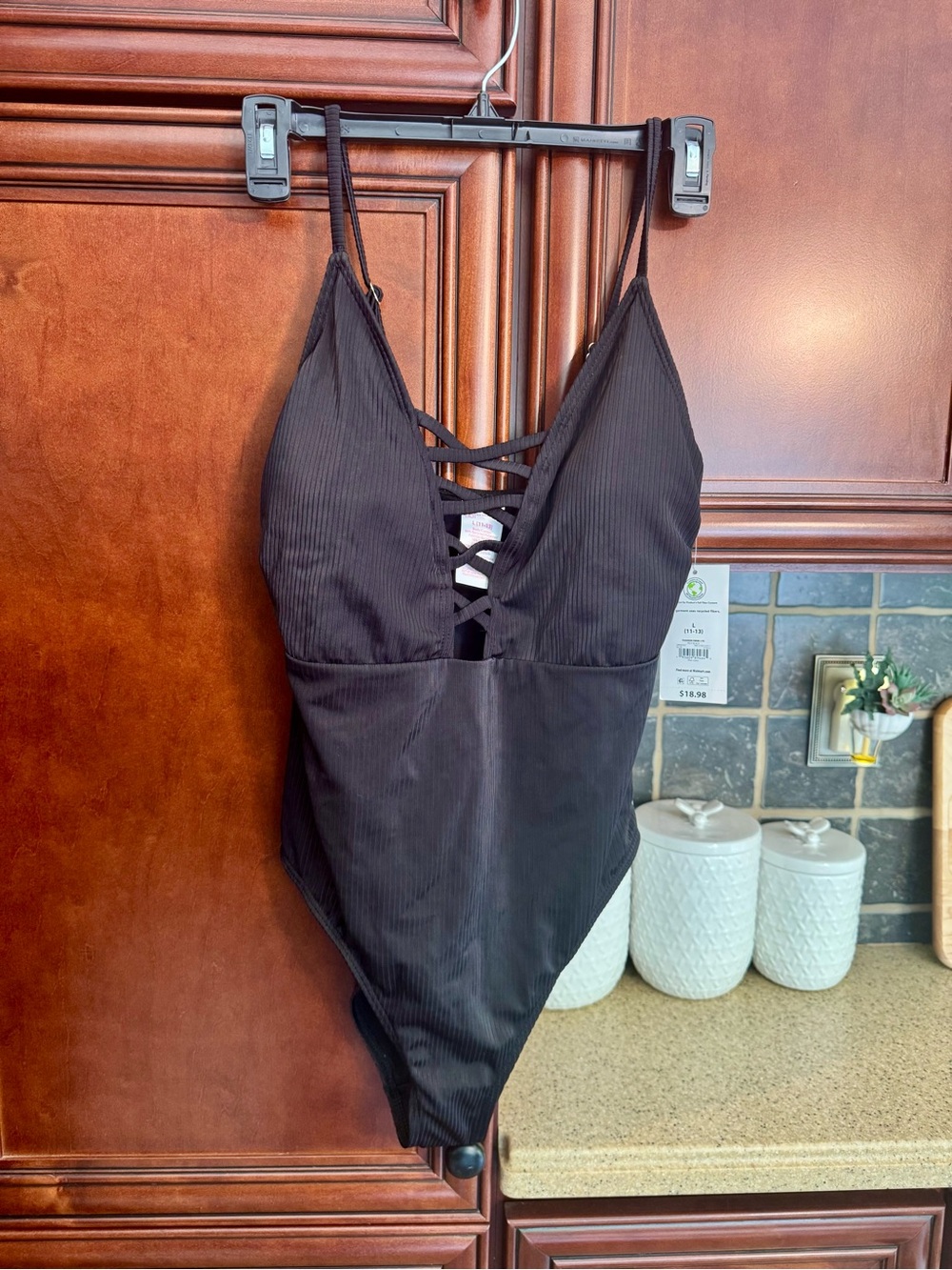 No Boundaries Black Ribbed One-Piece Swimsuit with Crisscross Front